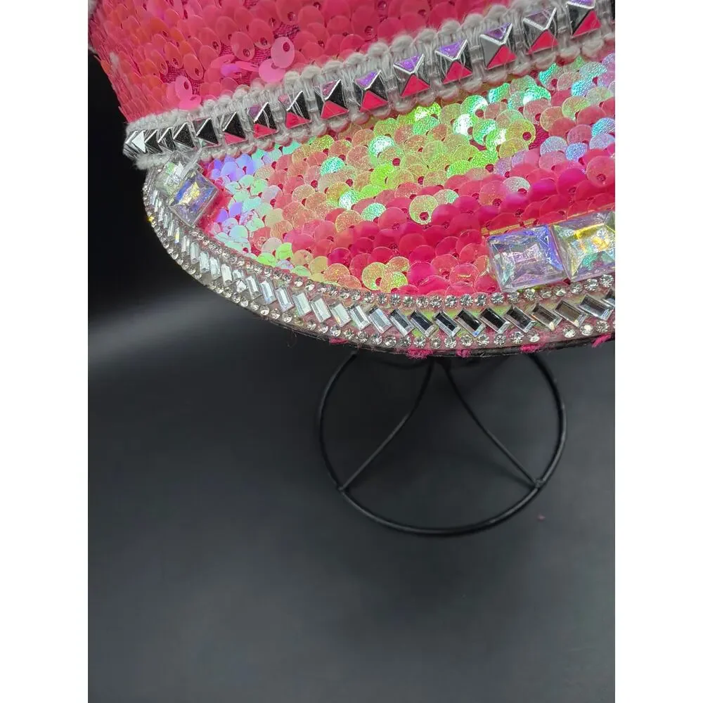 Pink Sequin Rhinestone Captain Hat Jeweled Festival Rave Burning Man Military